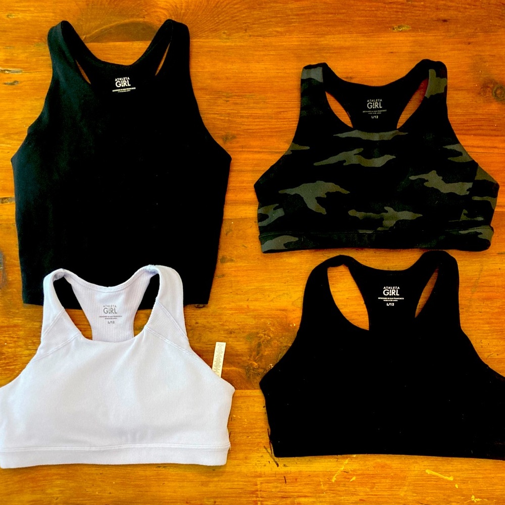 Athleta girls bundle bras Large L size 12 black periwinkle camo